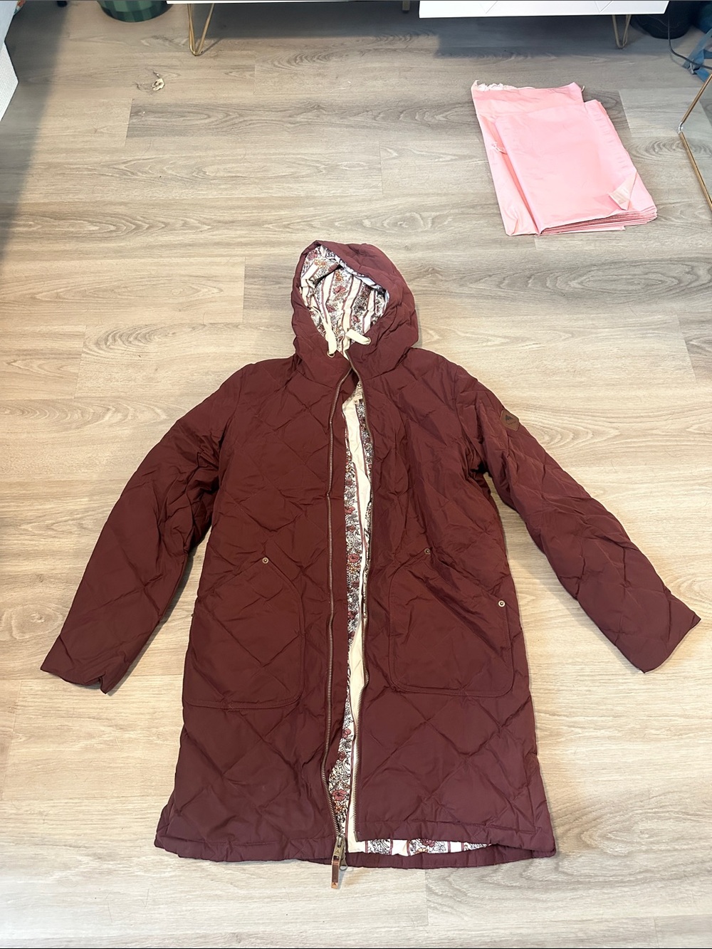 Quilted Hooded Long Puffer Coat - Burgundy